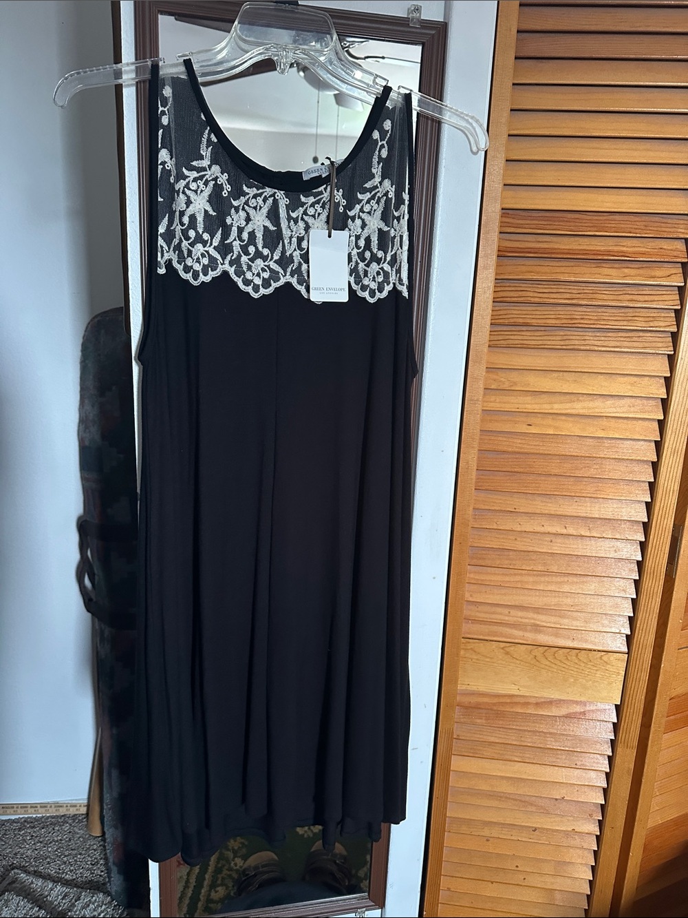 Green Envelope Black Midi Dress with White Lace Yoke